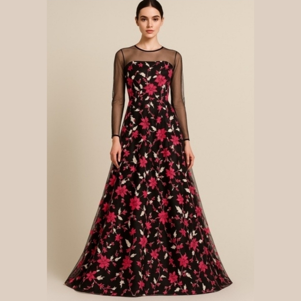 {Alex Marie} Embellished Tulle Floral Embroidered Maxi Gown - Size 6